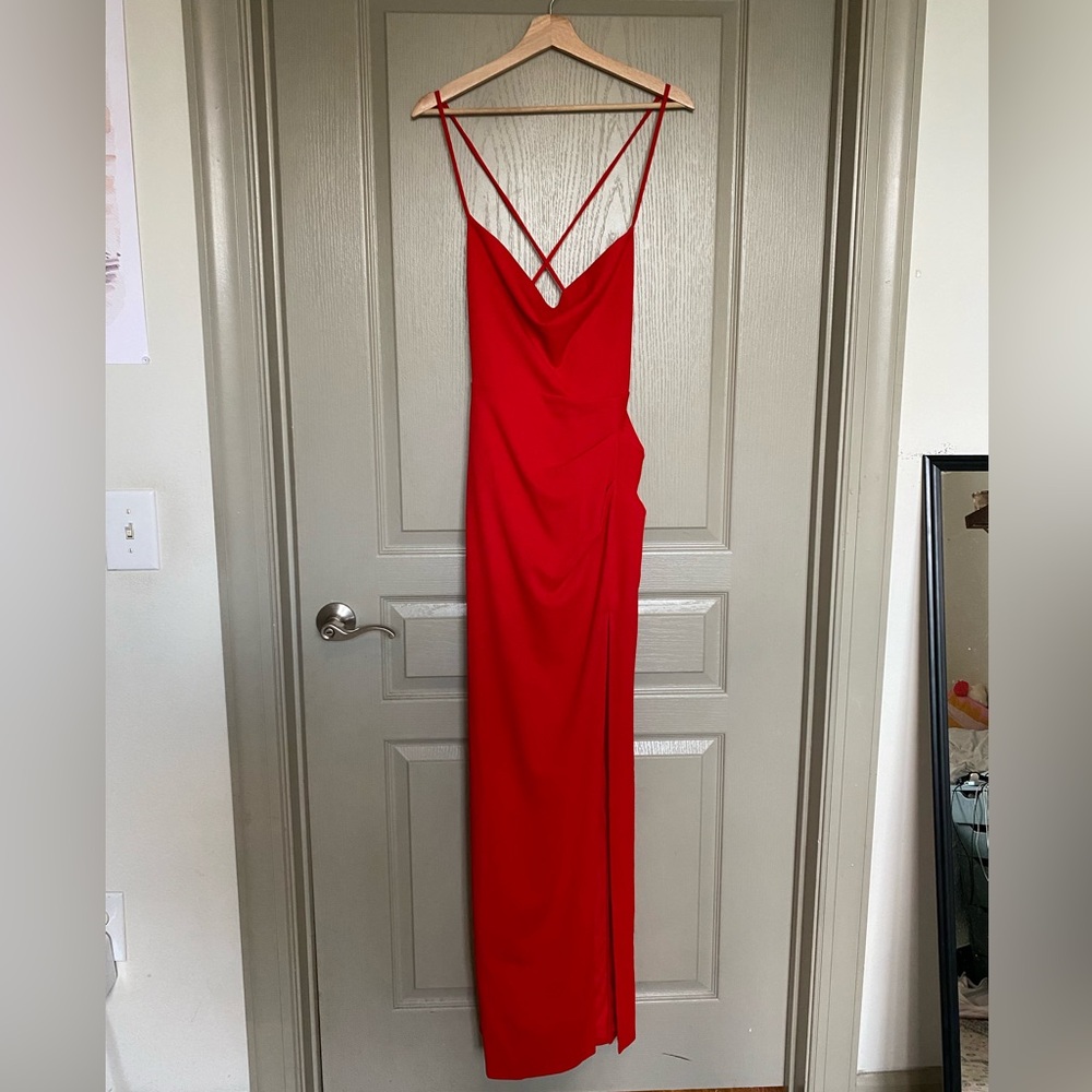 Lulu's Red Cowl Neck Lace-Up Maxi Dress